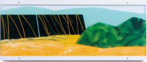 Malerei auf Acrylglas 1 (bis 2008) – <b>Großes Land-Stück 1 (Col de Chiaula)</b>, Acrylfarbe / Oelkreide auf Acrylglasscheiben, 2-tlg. hintereinander gestaffelt, gesamt 42 x 100 x 3 cm, 2000