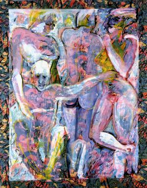 Malerei auf Leinwand – <b>Vierer</b>, Mischtechnik auf bedrucktem Stoff, 180 x 140 cm, 1986