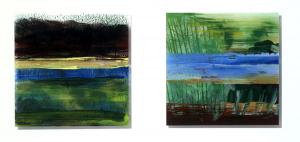 Malerei auf Acrylglas 1 (bis 2008) – <b>Bathorner Moor 2</b> und <b>UnterÜberWasser</b>, Mischtechnik hinter Plexiglas, je 50 x 50 cm, 2008