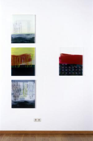 Malerei auf Acrylglas 1 (bis 2008) – <b>Niederrhein I und II, Grafschafter Moor</b> und <b>Untertage</b>, Acrylfarbe hinter Plexiglas, je 60 x 50 cm, 2006