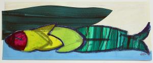 Arbeiten auf Papier – <b>Kleine Fischfrau 4</b>, Paintstick und verschiedene Papiere, Collage auf Papier, 23 x 56 cm, 2007