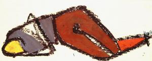Works on paper – <b>Small lying figure No.13</b>, Paintstick and different papers, collage on paper, 23 x 56 cm, 2005