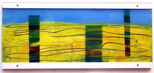 Malerei auf Acrylglas 1 (bis 2008) – <b>Land-Stück 14</b>, Acrylfarbe / Oelkreide auf Acrylglasscheiben, 2-tlg. hintereinander gestaffelt, gesamt 22 x 50 x 2 cm, 2000