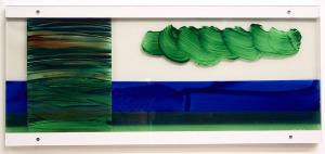 Malerei auf Acrylglas 1 (bis 2008) – <b>Land-Stück 22 (mit Wolke)</b>, Acrylfarbe / Oelkreide auf Acrylglasscheiben, 2-tlg. hintereinander gestaffelt, gesamt 22 x 50 x 2 cm, 1999