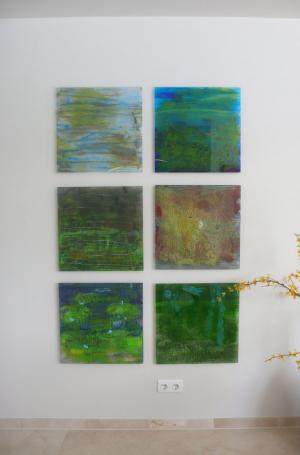 Malerei auf Acrylglas 2 (ab 2008) – <b>Kleiner Moorblock</b> 6-tlg. Mischtechnik suf und hinter Acrylglas, je 50 x 50 cm, bei Sammler privat