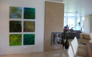Malerei auf Acrylglas 2 (ab 2008) – <b>KLEINER MOOR-BLOCK</b>, 6tlg., Mischtechnik auf und hinter Acrylglas, je 50 x 50 cm, insgesamt: 165 x 108 cm, bei Sammlern privat