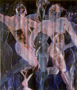 Malerei auf Leinwand – <b>Take five</b>, Mischtechnik auf bedrucktem Stoff, 180 x 145 cm, 1986
