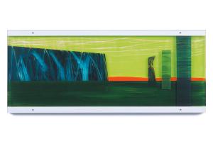 Malerei auf Acrylglas 1 (bis 2008) – <b>Großes Land-Stück 3</b>, Acrylfarbe / Oelkreide auf Acrylglasscheiben, 2-tlg. hintereinander gestaffelt, gesamt 42 x 100 x 3 cm, 2000