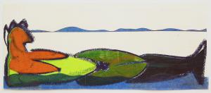 Arbeiten auf Papier – <b>Kleine Fischfrau 2</b>, Paintstick und verschiedene Papiere, Collage auf Papier, 23 x 56 cm, 2006