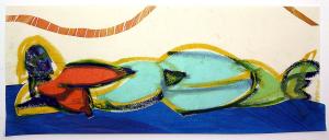 Arbeiten auf Papier – <b>Kleine Fischfrau 3</b>, Paintstick und verschiedene Papiere, Collage auf Papier, 23 x 56 cm, 2006