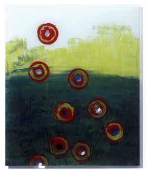 Malerei auf Acrylglas 1 (bis 2008) – <b>o.T. (mit Kreisen)</b>, Mischtechnik hinter Plexiglas, 60 x 50cm, 2009